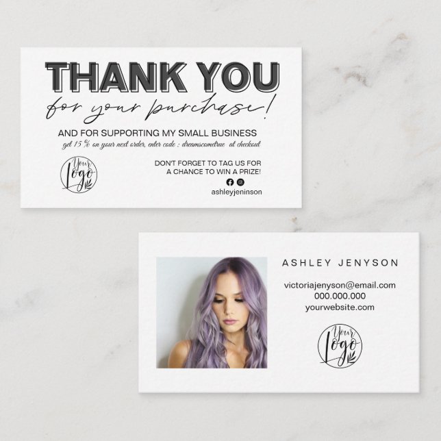 Black white script photo logo order thank you business card (Front/Back)