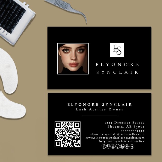 Black White Script Photo Logo QR Code Social Lash Business Card (Creator Uploaded)