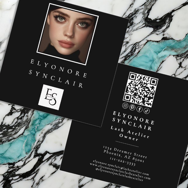 Black White Script Photo Logo QR Code Social Lash Square Business Card (Creator Uploaded)