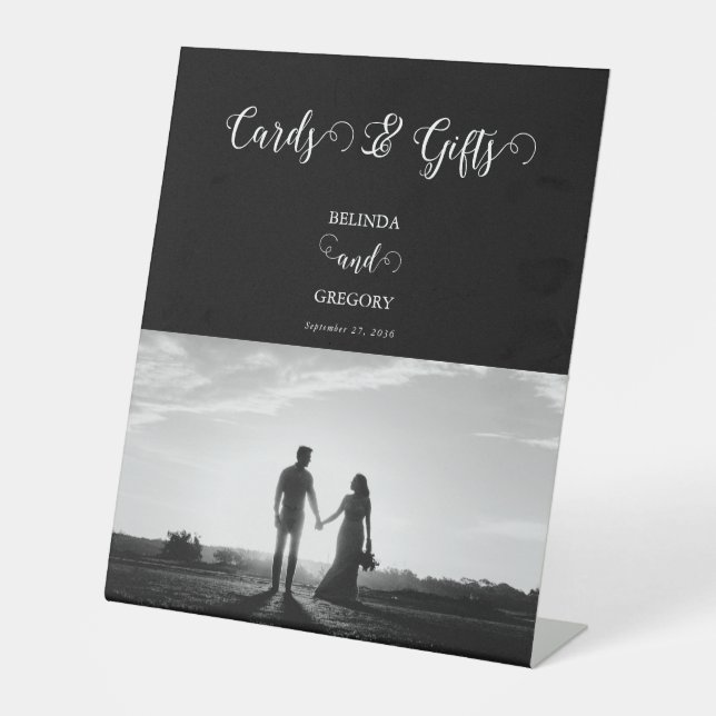 Black & White Script Photo Wedding Cards Gifts Pedestal Sign (Front)