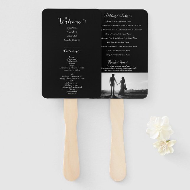 Black & White Script Photo Wedding Program Hand Fan (Front and Back)