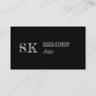 Black White Script Professional Monogram Artist Business Card