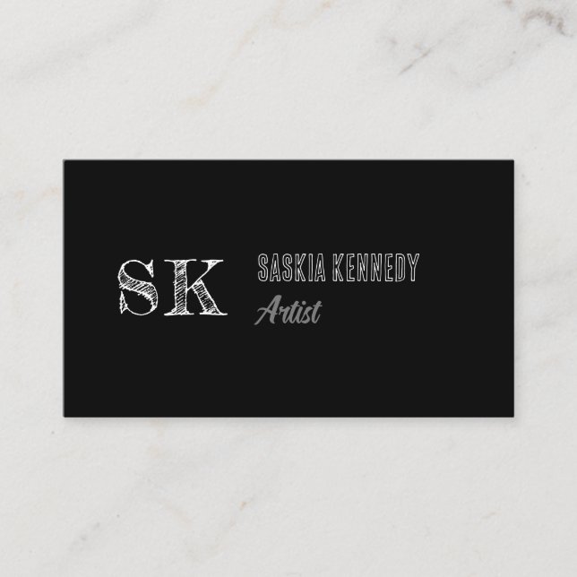 Black White Script Professional Monogram Artist Business Card (Front)