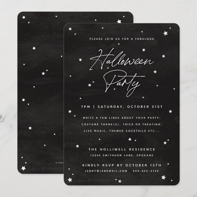 Black+White Script Scattered Stars Halloween Party Invitation (Front/Back)