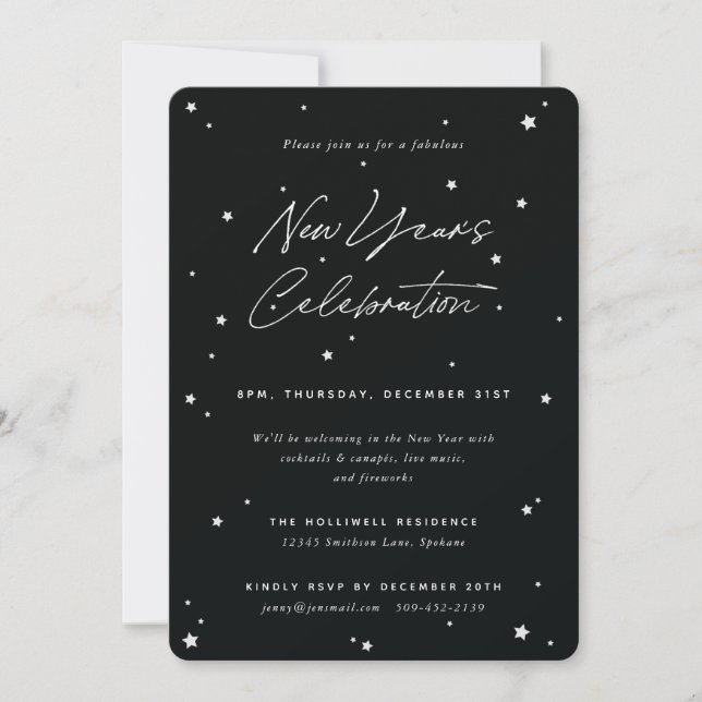 Black+White Script Scattered Stars New Year' Party Invitation (Front)