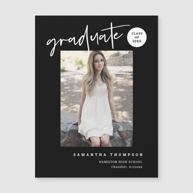 Black White Script School Graduate Photo Magnet (Front)