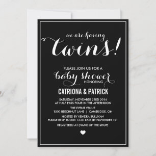 Black & White Script Twins Baby Shower Invitation