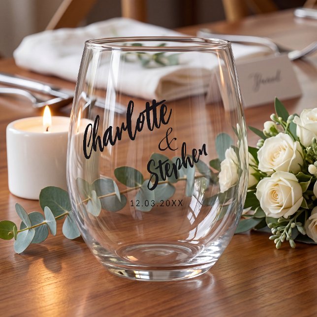 Black white  script wedding custom  Stemless Wine Glass (Creator Uploaded)
