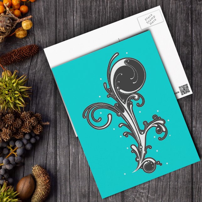 Black & White Scroll Design Postcard (Abstract classy design of black and white fancy scroll on bright aqua blue postcard.)