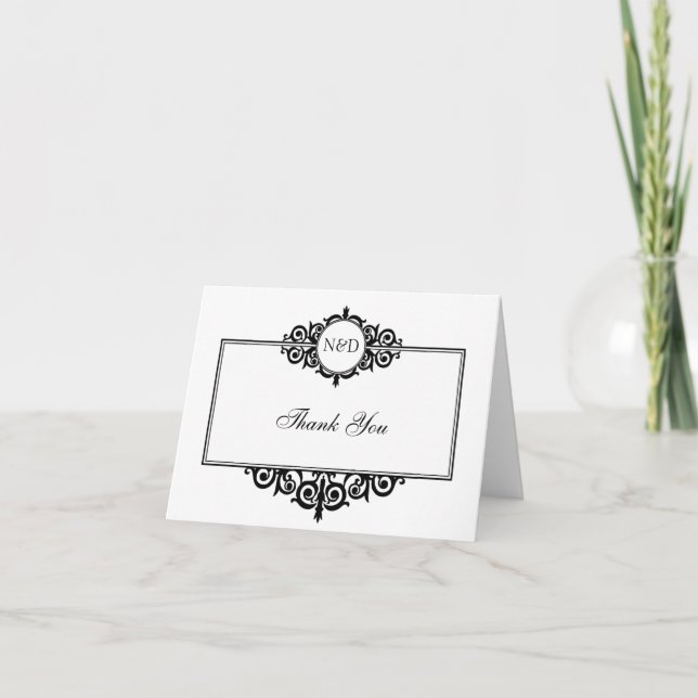 Black white scroll frame monogram thank you note card (Front)