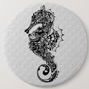 Black & White Seahorse-Tattoo Style 6 Inch Round Button