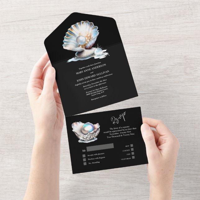 Black white seashell pearl oyster shell tropical  all in one invitation (Tearaway)
