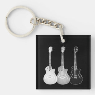 Black & White Semi Acoustic Guitar Monochrome Art Keychain