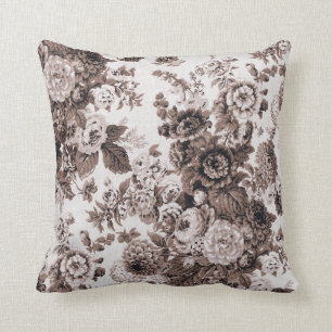 Black White Sepia Brown Tone Vintage Floral Toile Throw Pillow