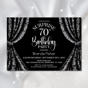 Black White Sequin Curtain Surprise 70th Birthday Invitation