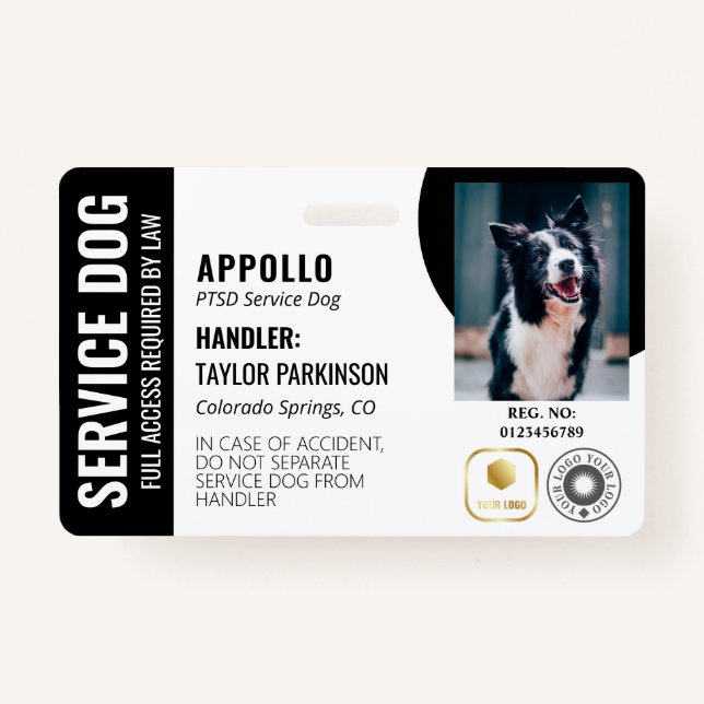 Black White Service Dog 2 Logos & Photo ID Badge (Front)