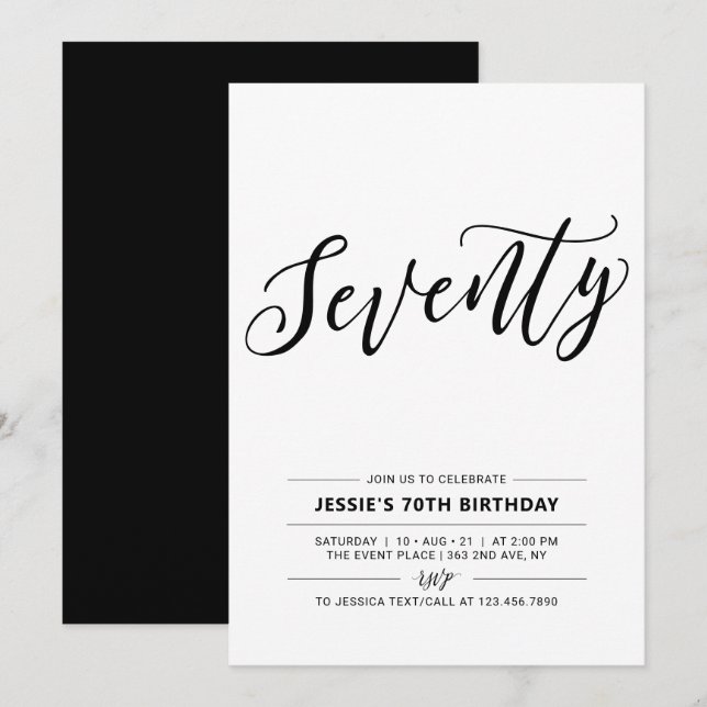 Black & White Seventy Minimal 70th Birthday Party Invitation (Front/Back)