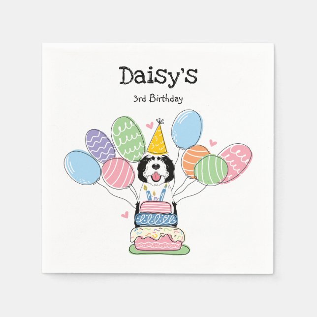 Black & White Sheepadoodle Birthday Party Paper Napkin (Front)