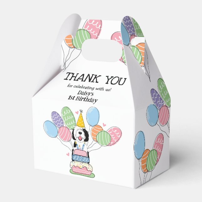 Black & White Sheepadoodle Birthday Thank You Favor Box (Front Side)