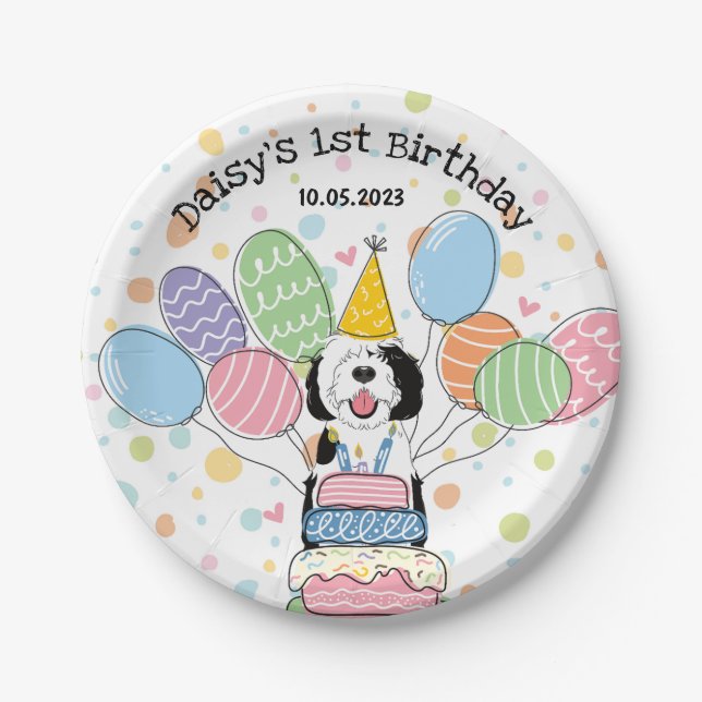 Black & White Sheepadoodle Dog Birthday  Paper Plate (Front)