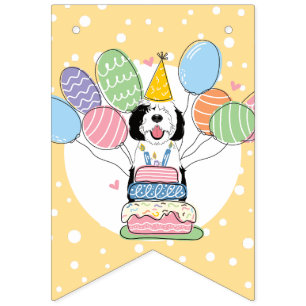 Black & White Sheepadoodle Dog Birthday Party Bunting Flags