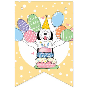 Black & White Sheepadoodle Dog Birthday Party Bunting Flags
