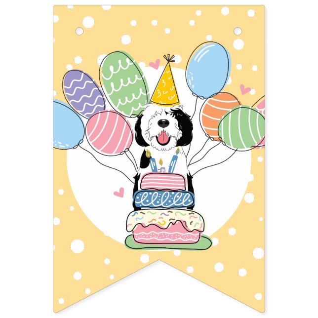 Black & White Sheepadoodle Dog Birthday Party Bunting Flags (Seventh Flag)