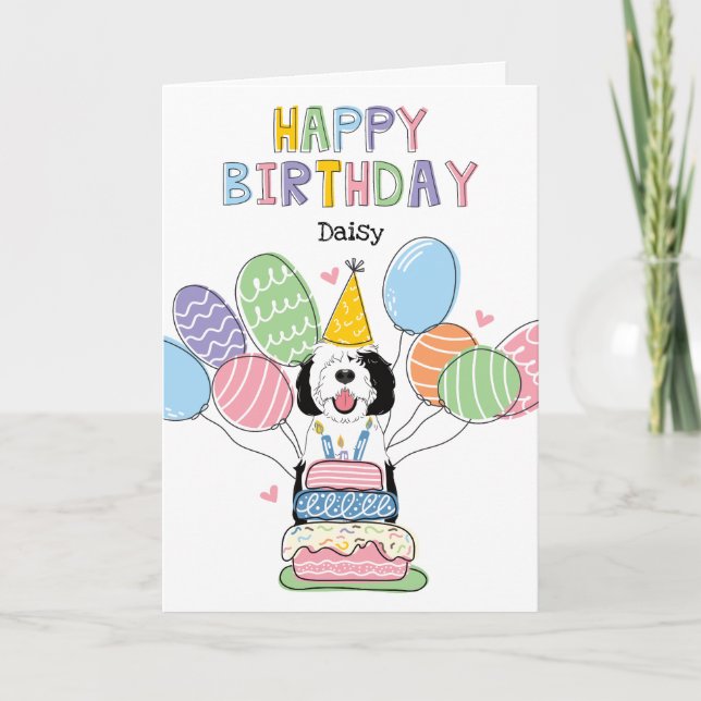 Black & White Sheepadoodle Dog Happy Birthday Card (Front)