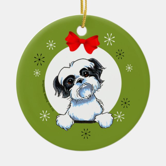 Black White Shih Tzu Christmas Classic Ceramic Ornament (Front)