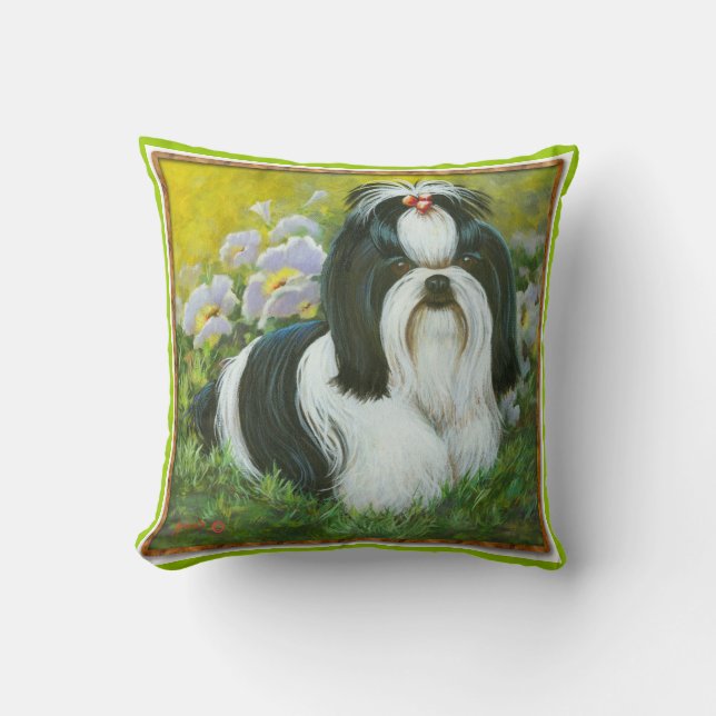 Black & White Shih Tzu in Garden Throw Pillow (Front)