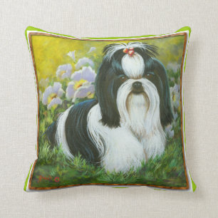 Black & White Shih Tzu in Garden Throw Pillow