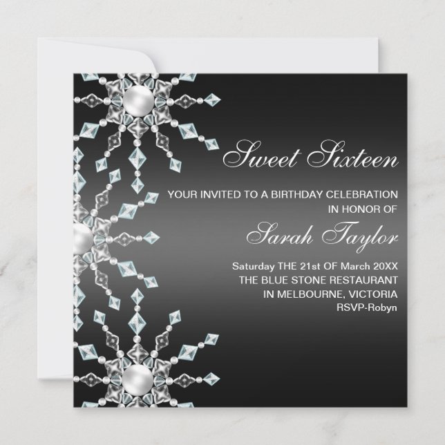 Black & White Shimmer Snowflake Birthday Invite (Front)
