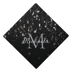 Black white shiny glitter sparkles ombre Monogram Graduation Cap Topper