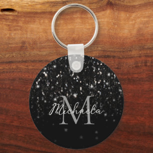 Black white shiny glitter sparkles ombre Monogram  Keychain
