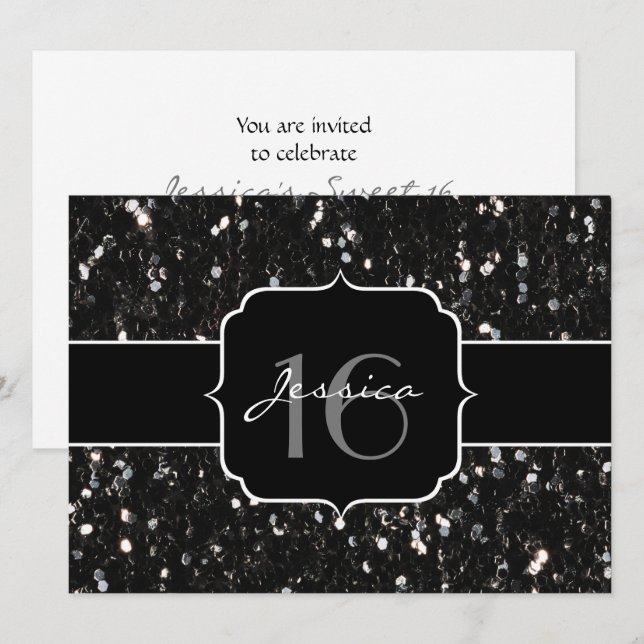 Black white shiny glitter sparkles Sweet 16 invite (Front/Back)