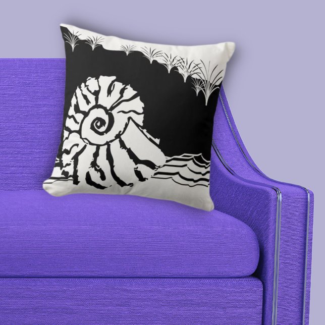 Black & White Shore Shell Sea Throw Pillow (Coastal Black & White Shore Shell Sea Throw Pillow)
