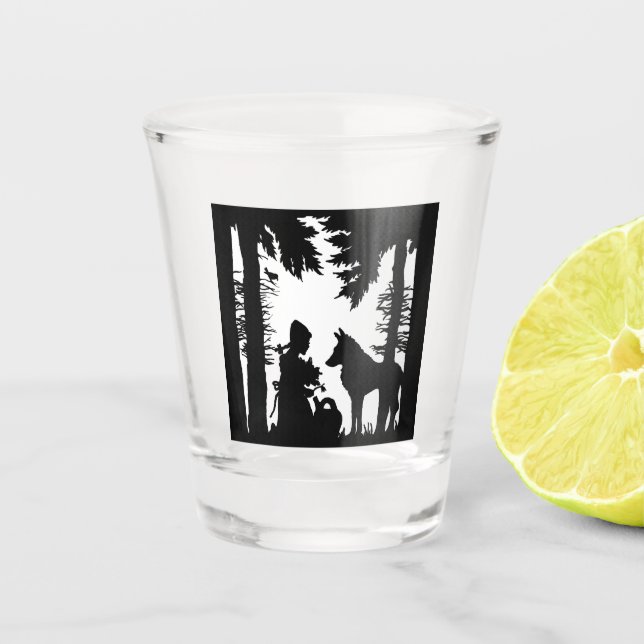 Black White Silhouette Riding Hood in Woods Wolf Shot Glass (Front)