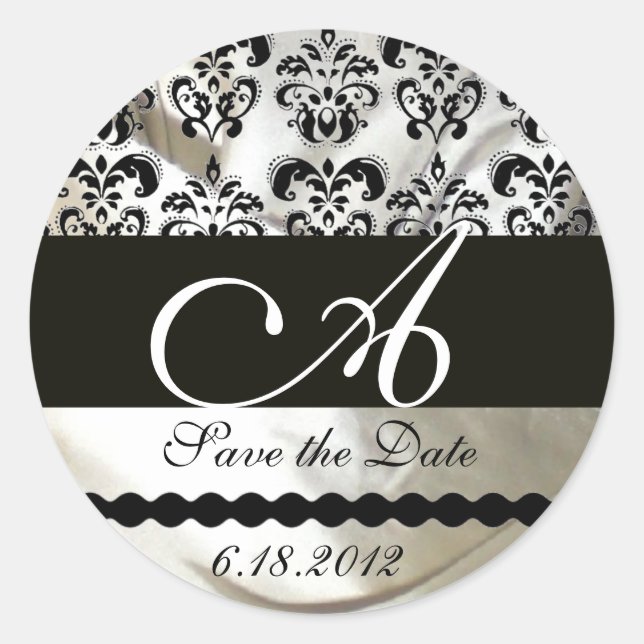 BLACK & WHITE SILK DAMASK CLOTH MONOGRAM CLASSIC ROUND STICKER (Front)