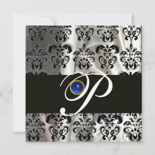 BLACK WHITE SILK DAMASK MONOGRAM BLUE SAPPHIRE INVITATION