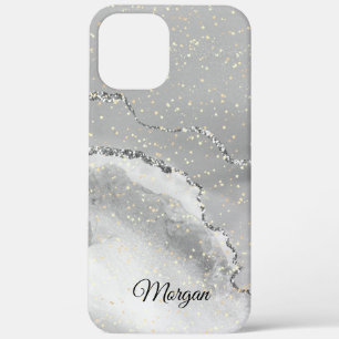 Black & White Silver Agate & Gold Stars DIY Name iPhone 12 Pro Max Case