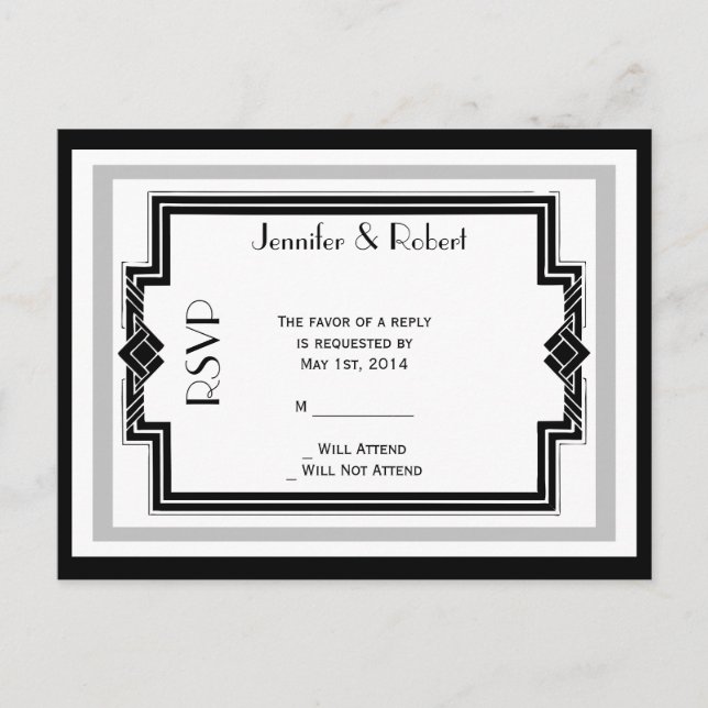 Black White Silver Art Deco Frame RSVP Postcard (Front)