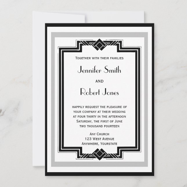 Black White Silver Art Deco Frame Wedding Invitation (Front)
