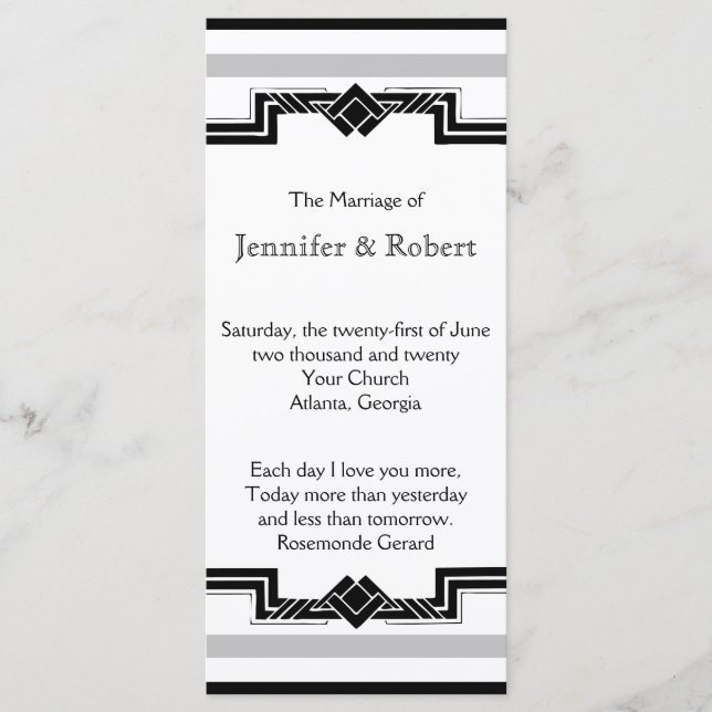 Black White Silver Art Deco Frame Wedding Program (Front)
