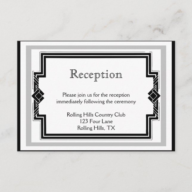 Black White Silver Art Deco Wedding Reception Enclosure Card (Front)
