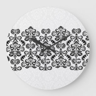 Black White Silver Damask Lace G203 Large Clock