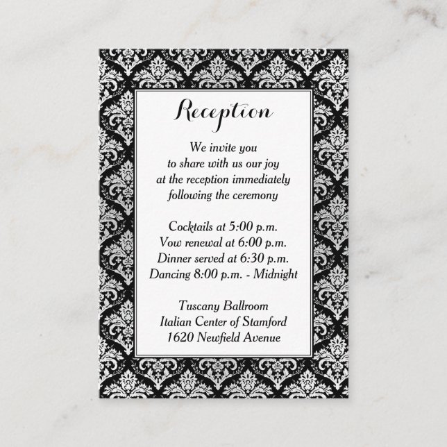 Black White Silver Damask Reception Enclosure Card (Front)