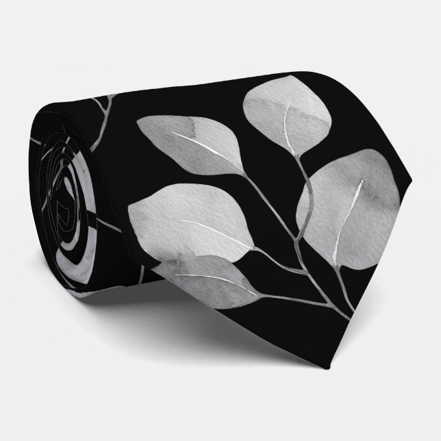 Black & White Silver Dollar Eucalyptus Wedding Tie (Rolled)
