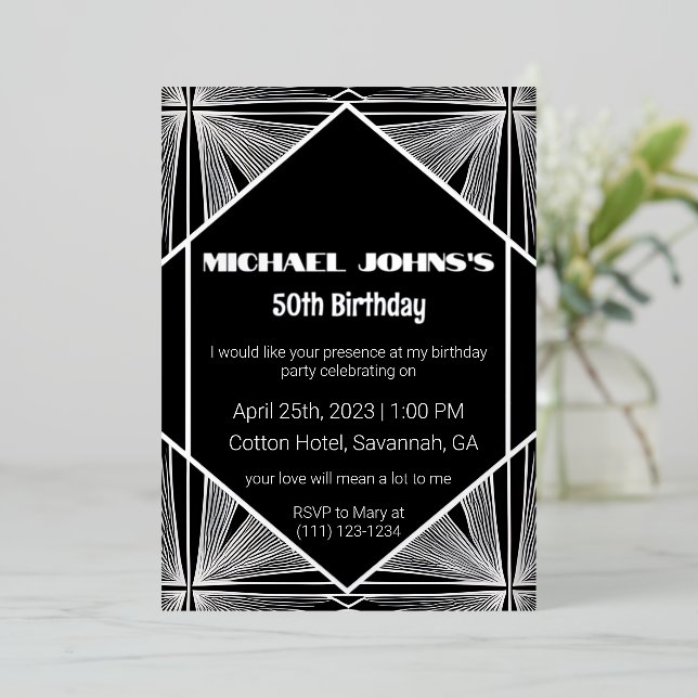 Black White Silver Elegant Art Deco Man Invitation (Standing Front)