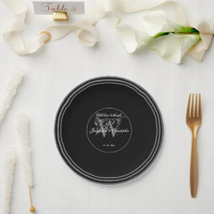 Black White Silver Elegant Wedding Chic Monogram Paper Plate