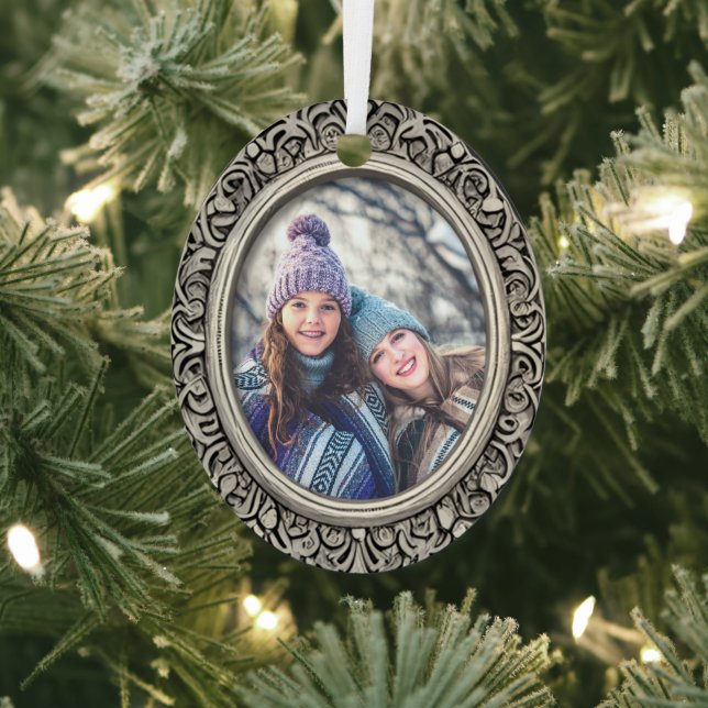 Black & White Silver Frame Personalized Photo Oval Metal Ornament (Insitu)